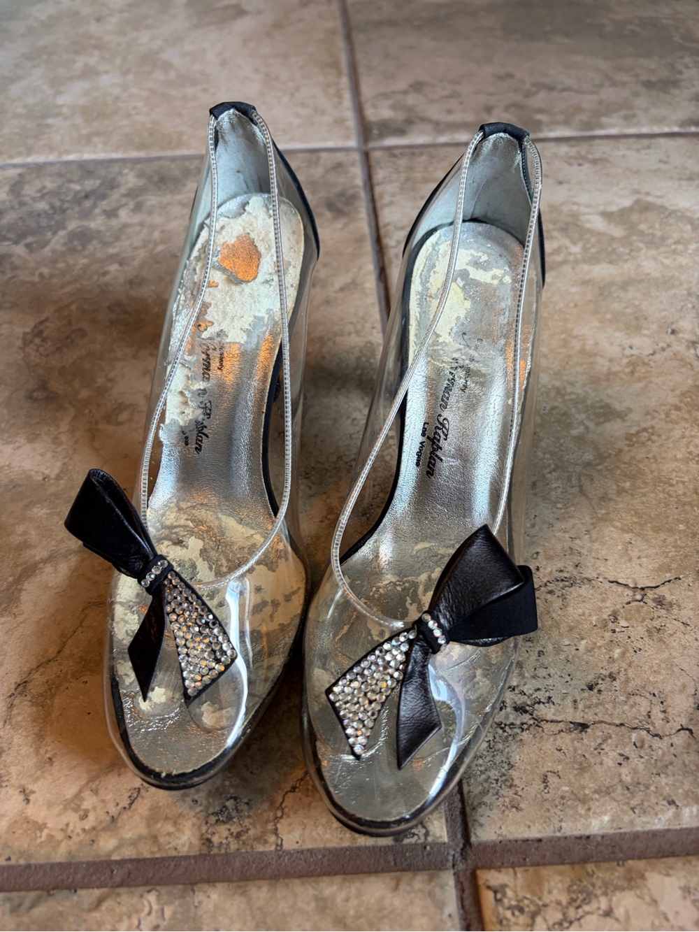 Clear Norman Kaplan Peep-Toe Heels with Black Bow and Rhinestones